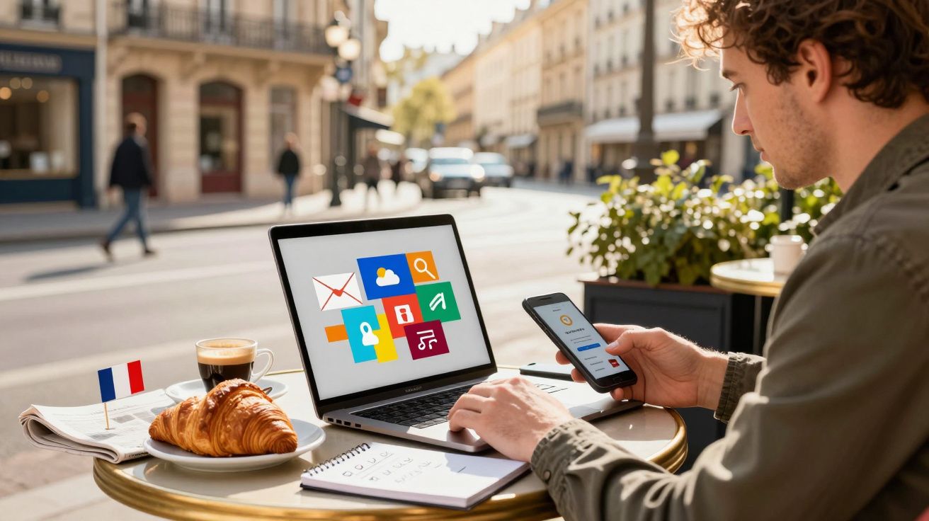 Hombre trabajando en un portátil y móvil en terraza, junto a croissant y café.