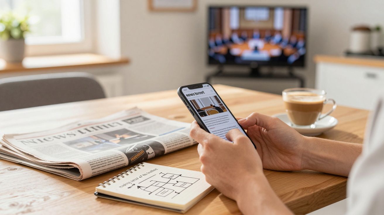 Persona leyendo noticias en un smartphone, junto a un periódico, cuaderno y taza de café en una mesa.